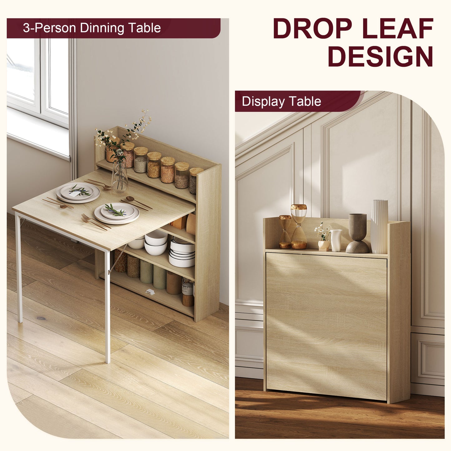 Folding Dining Table, Kitchen Table with Shelves Oak Wood Effect