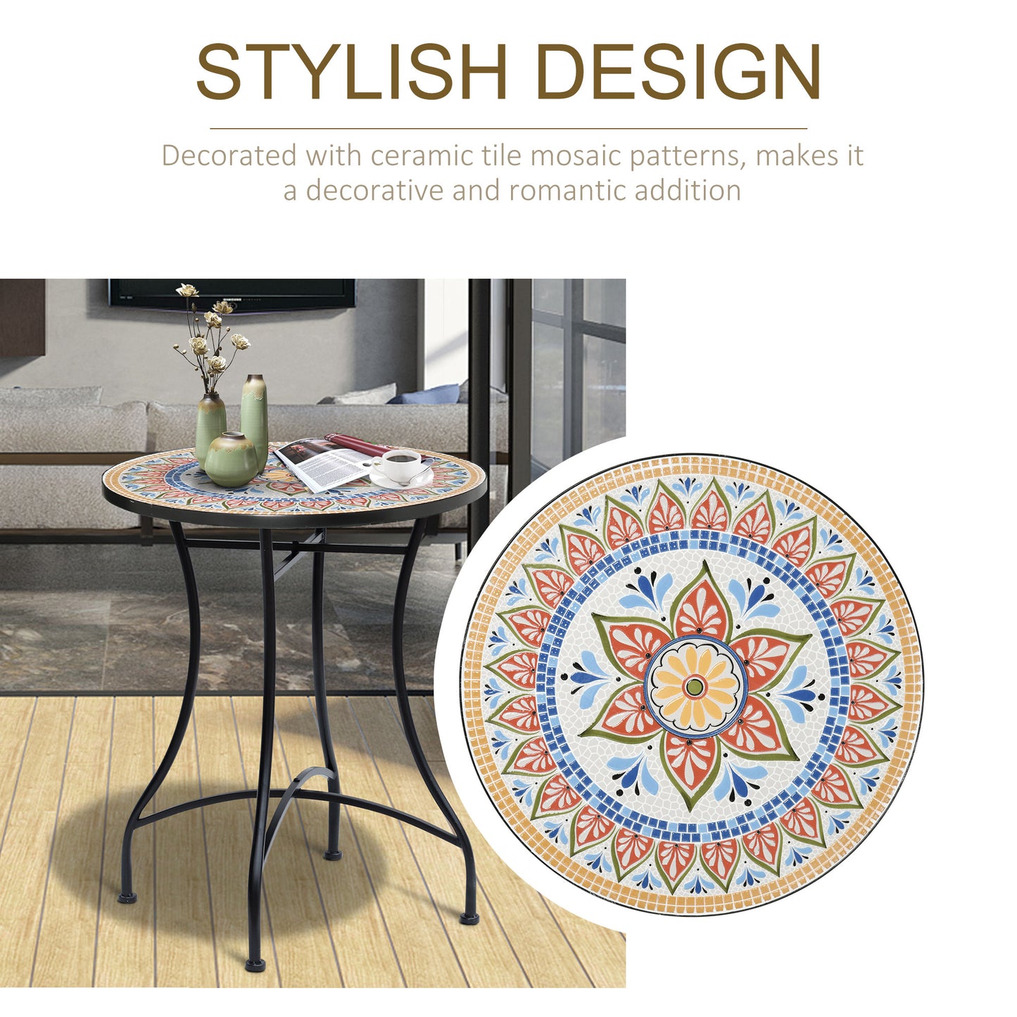 60cm Mosaic Round Bistro Table Outdoor Garden Side Table, Red