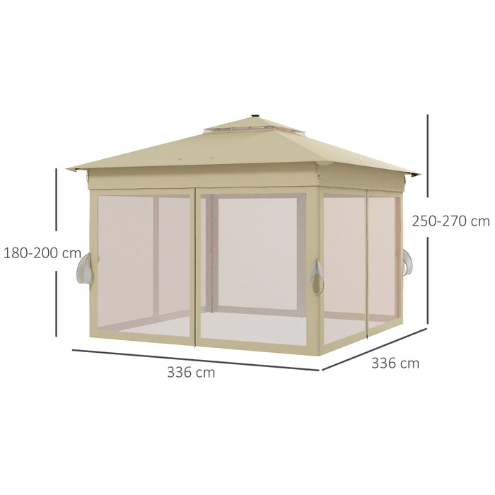 3 x 3(m) Pop Up Gazebo Party Tent with Solar-Powered LED Lights, Adjustable Event Shelter with Curtain, Netting, Khaki