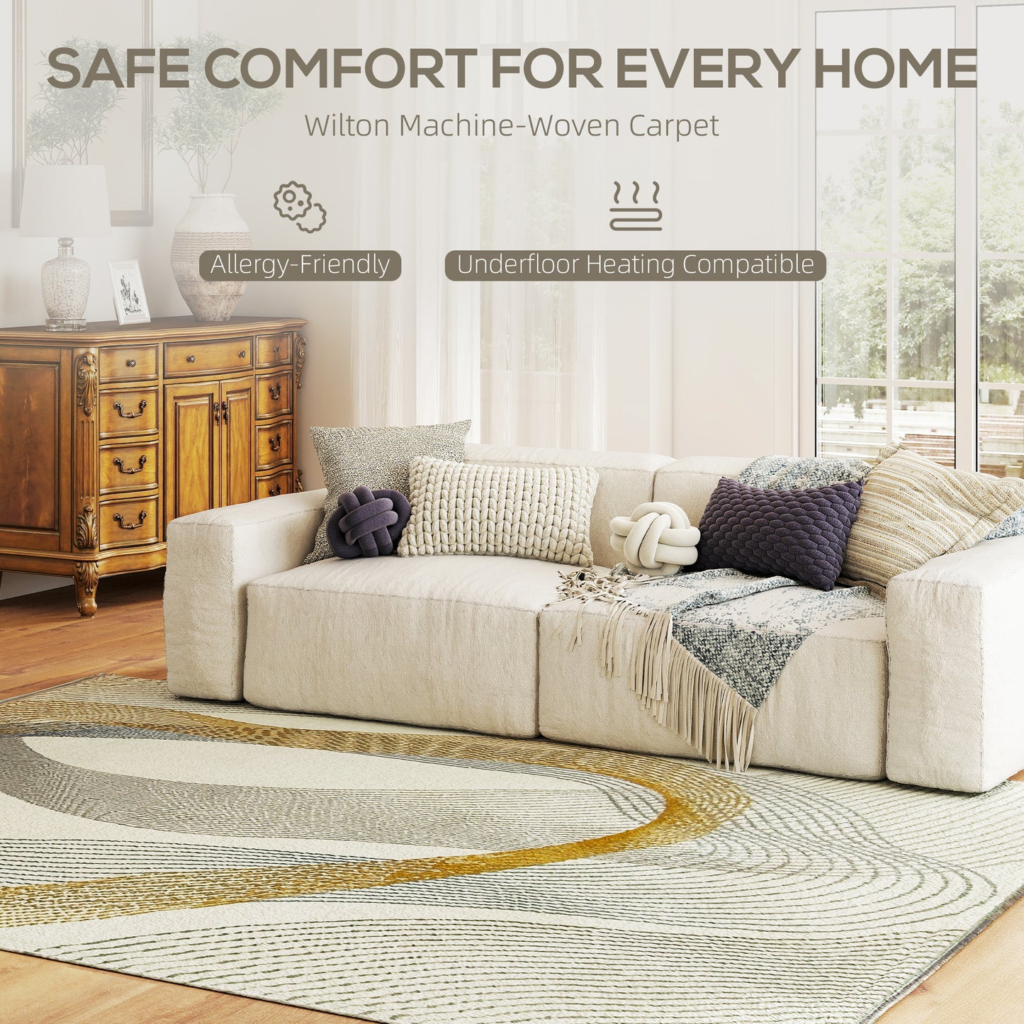 Machine Washable Rug, Allergy-Friendly Floor Carpet, Cream White
