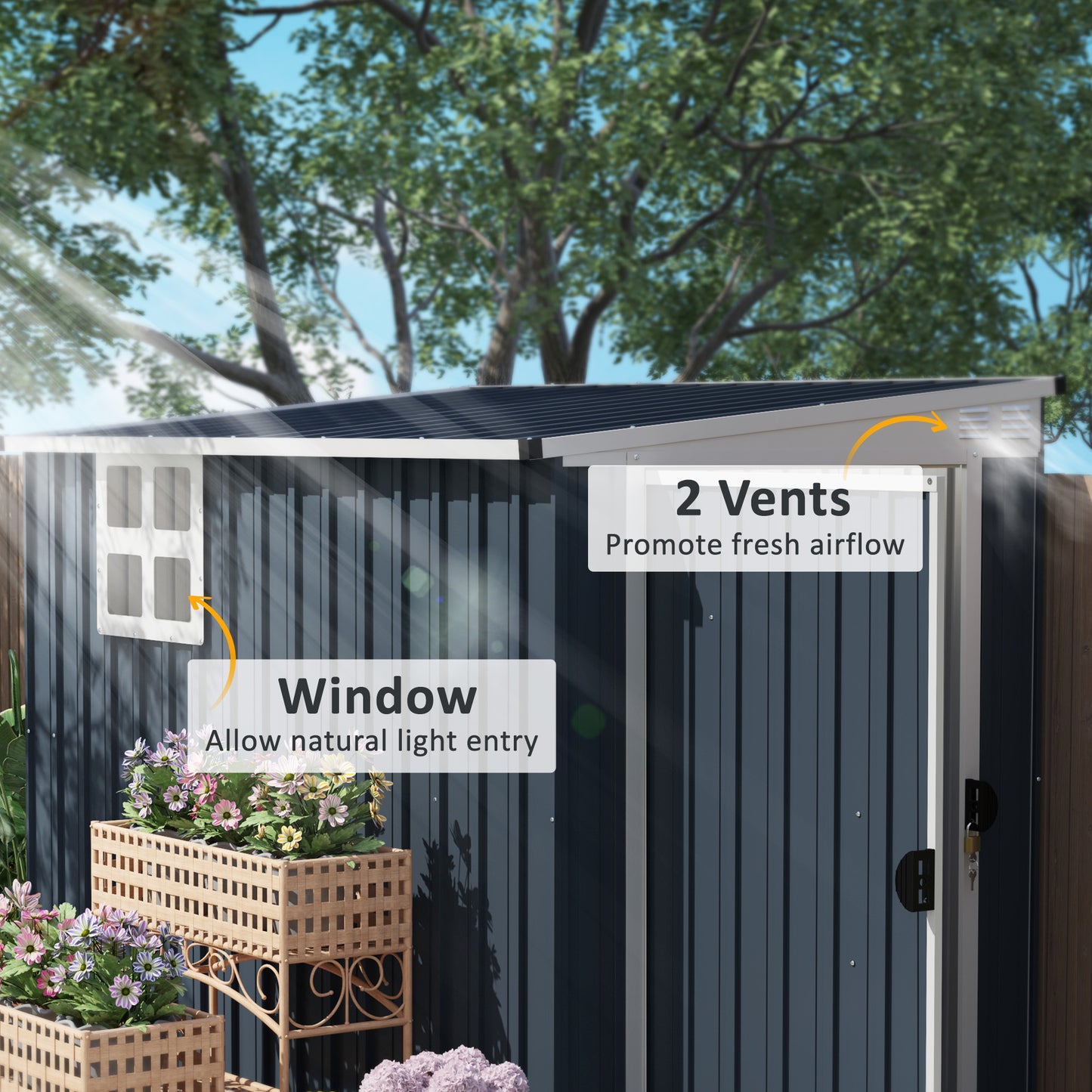 7.6 x 4ft Outdoor Garden Storage Shed, Metal Shed with Window, 2 Vents and Lockable Door for Garden, Patio, Dark Grey
