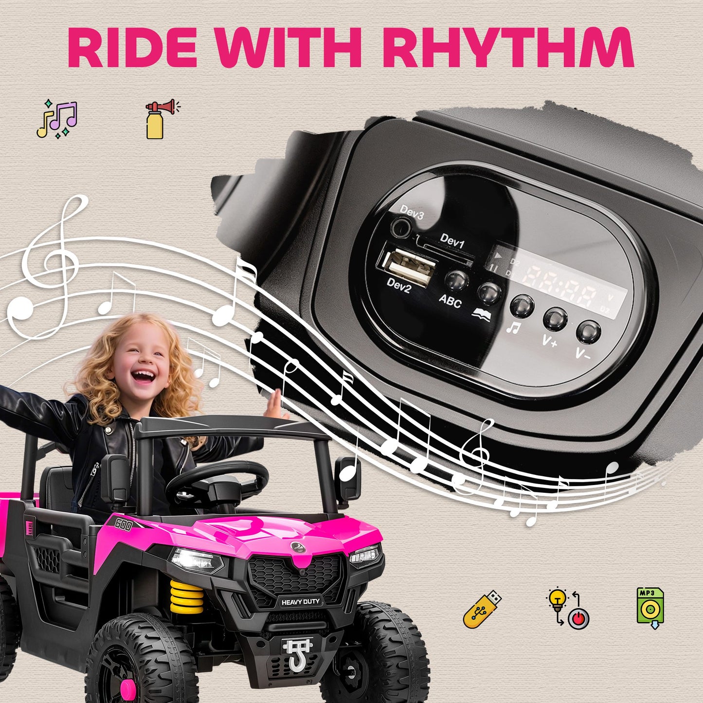 12V Kids Ride on Car, Kids UTV with Electric Dump Bed, Pink