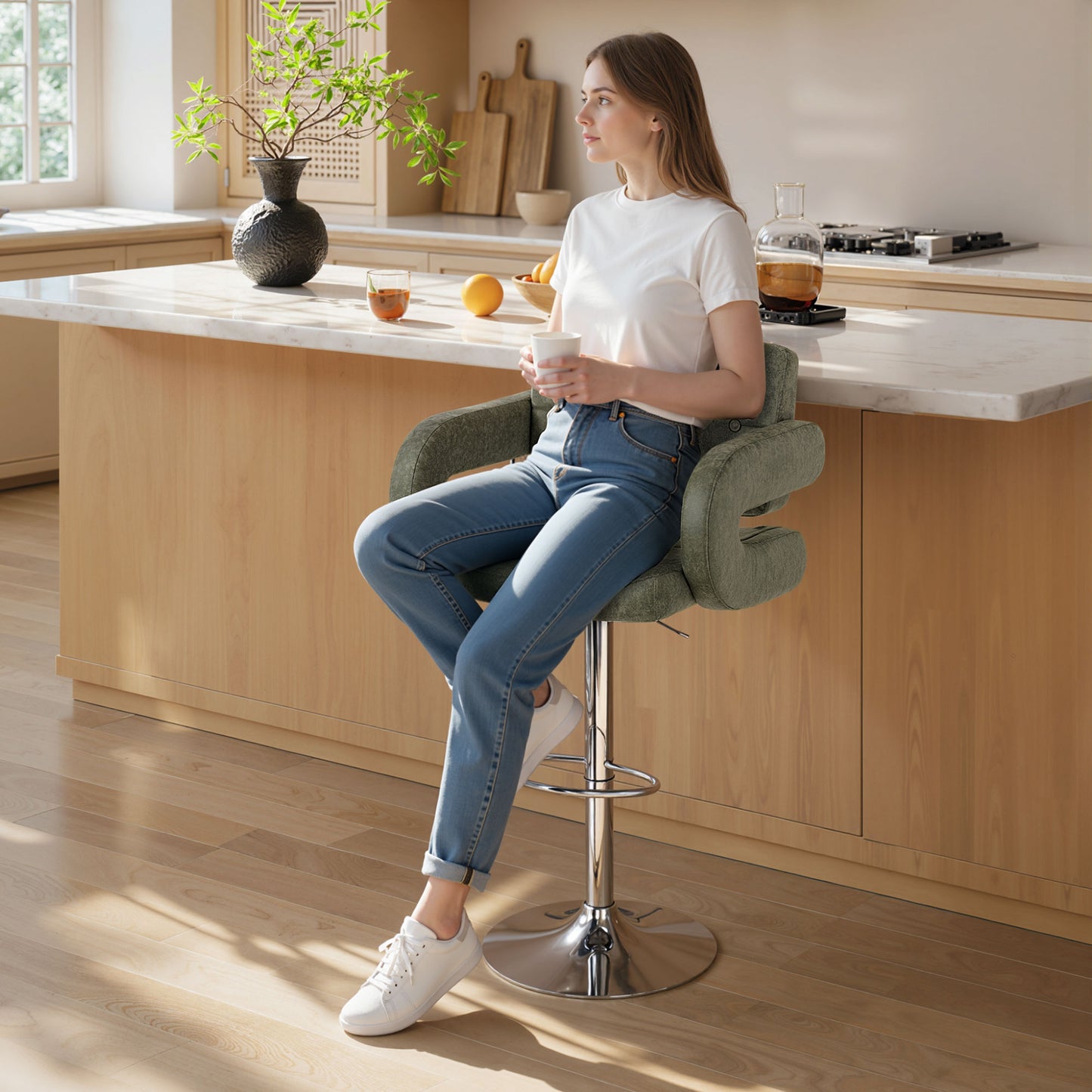 Adjustable Height Barstool Steel Pole PU Leather, Green