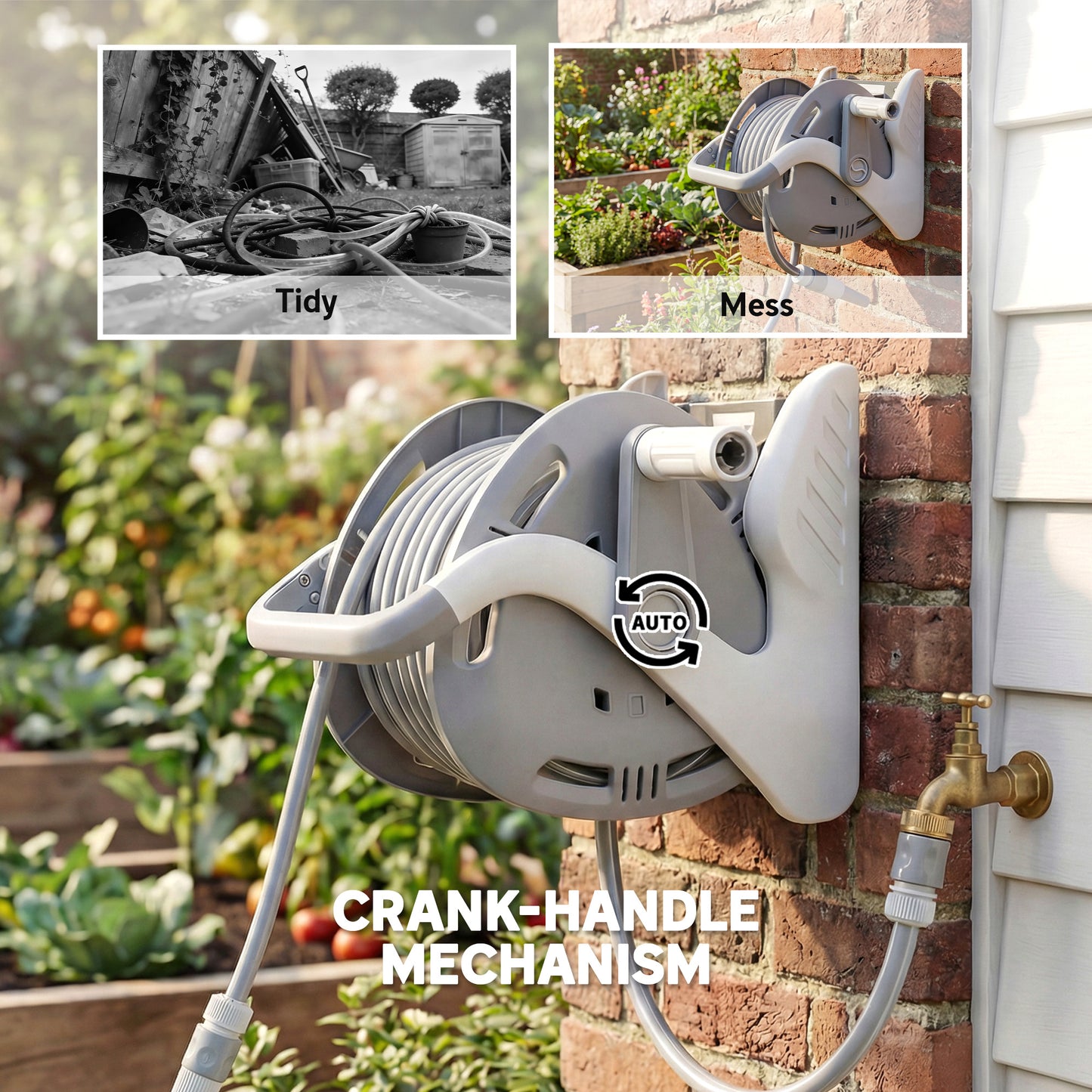 Portable Garden Hose Reel, 20+2 m Wall-Mounted Hose Reel, Grey