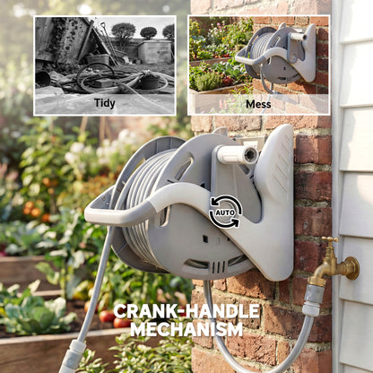 Portable Garden Hose Reel, 20+2 m Wall-Mounted Hose Reel, Grey