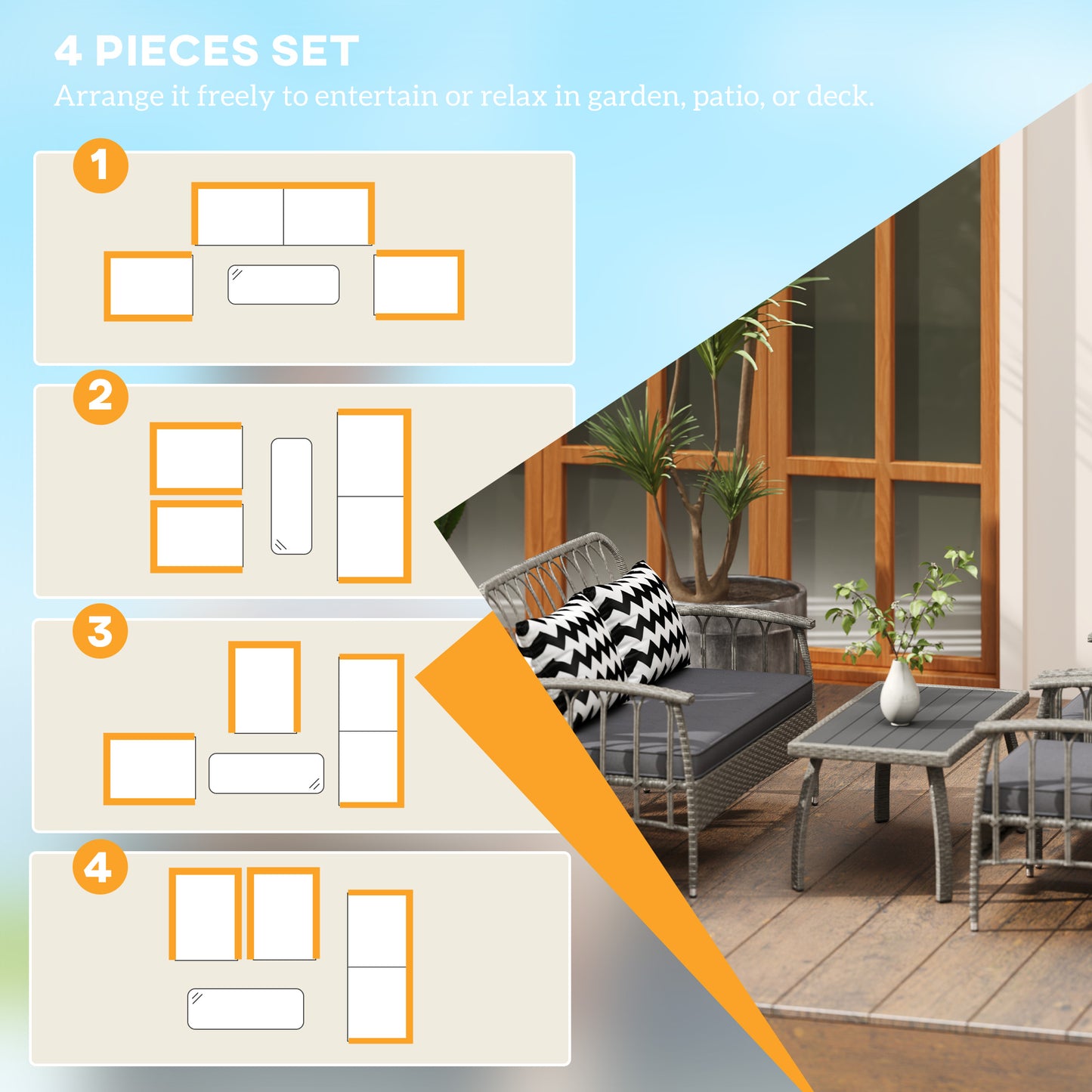 4 Piece Rattan Garden Furniture Set with Adjustable Back, Grey