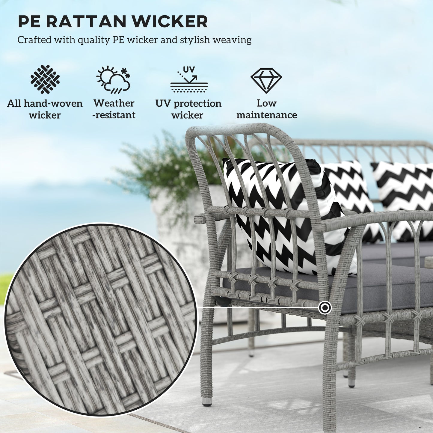 4 Piece Rattan Garden Furniture Set with Adjustable Back, Grey
