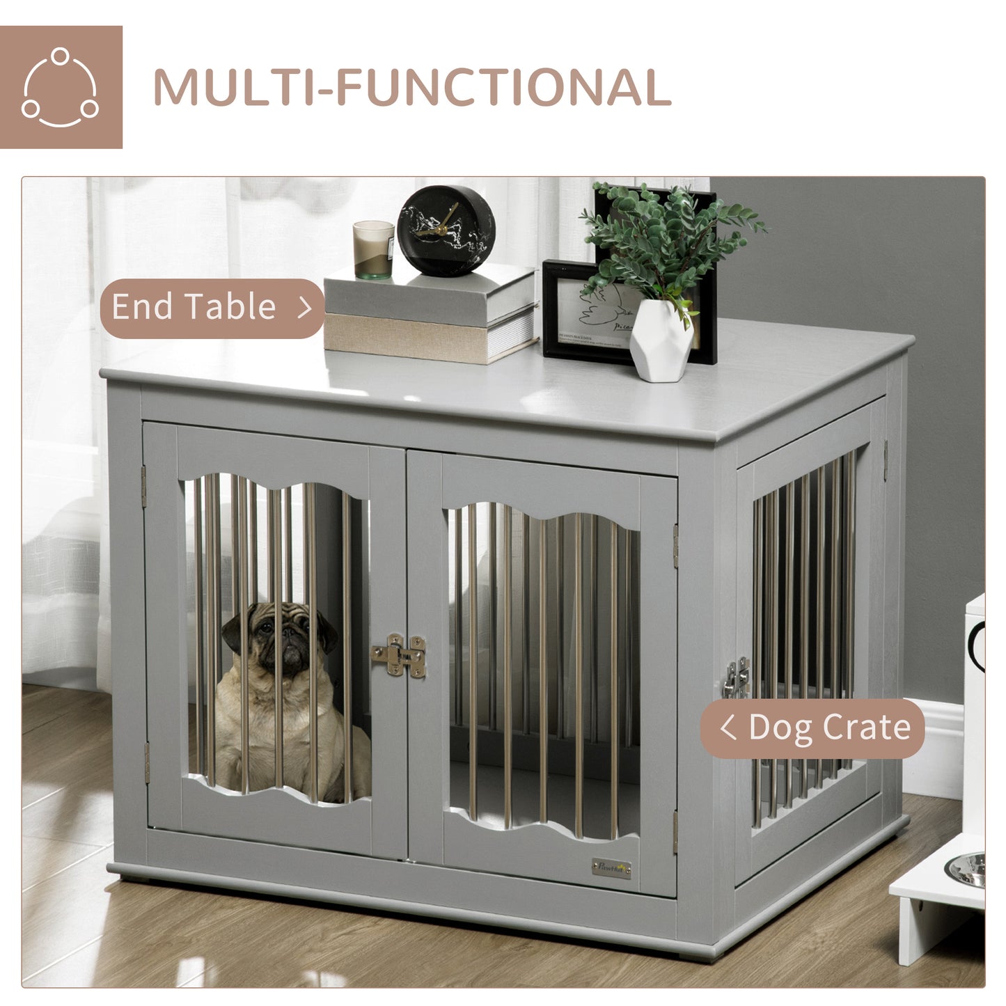 Dog Crate End Table w/ Three Doors, Furniture Style Dog Crate, for Medium Dogs, Indoor Use w/ Locks and Latches - Grey