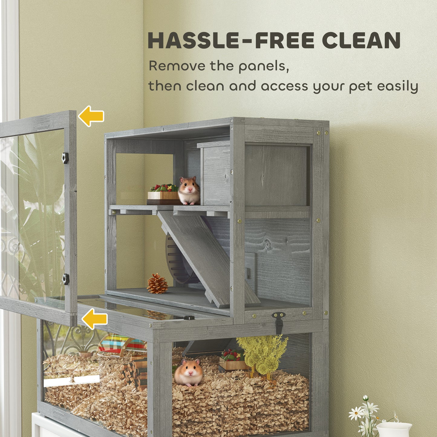 3 Tier Wooden Hamster Cage with Hut, Wheel, Ramps, 80 x 50 x 84 cm