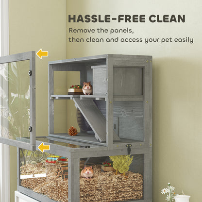 3 Tier Wooden Hamster Cage with Hut, Wheel, Ramps, 80 x 50 x 84 cm