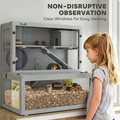 3 Tier Wooden Hamster Cage with Hut, Wheel, Ramps, 80 x 50 x 84 cm