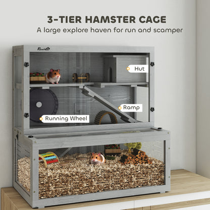 3 Tier Wooden Hamster Cage with Hut, Wheel, Ramps, 80 x 50 x 84 cm
