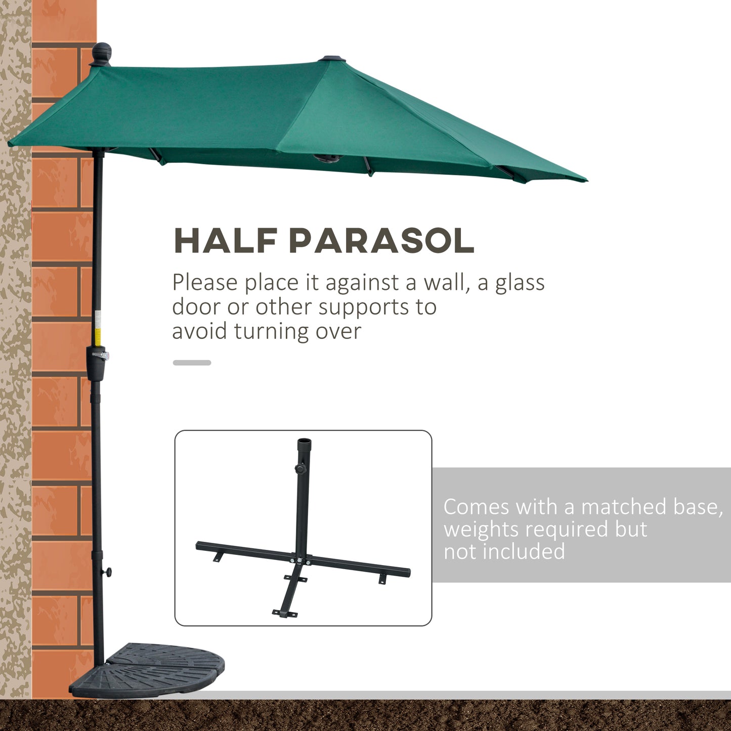 2m Half Parasol Market Umbrella Garden Balcony Parasol with Crank Handle, Cross Base, Double-Sided Canopy, Green