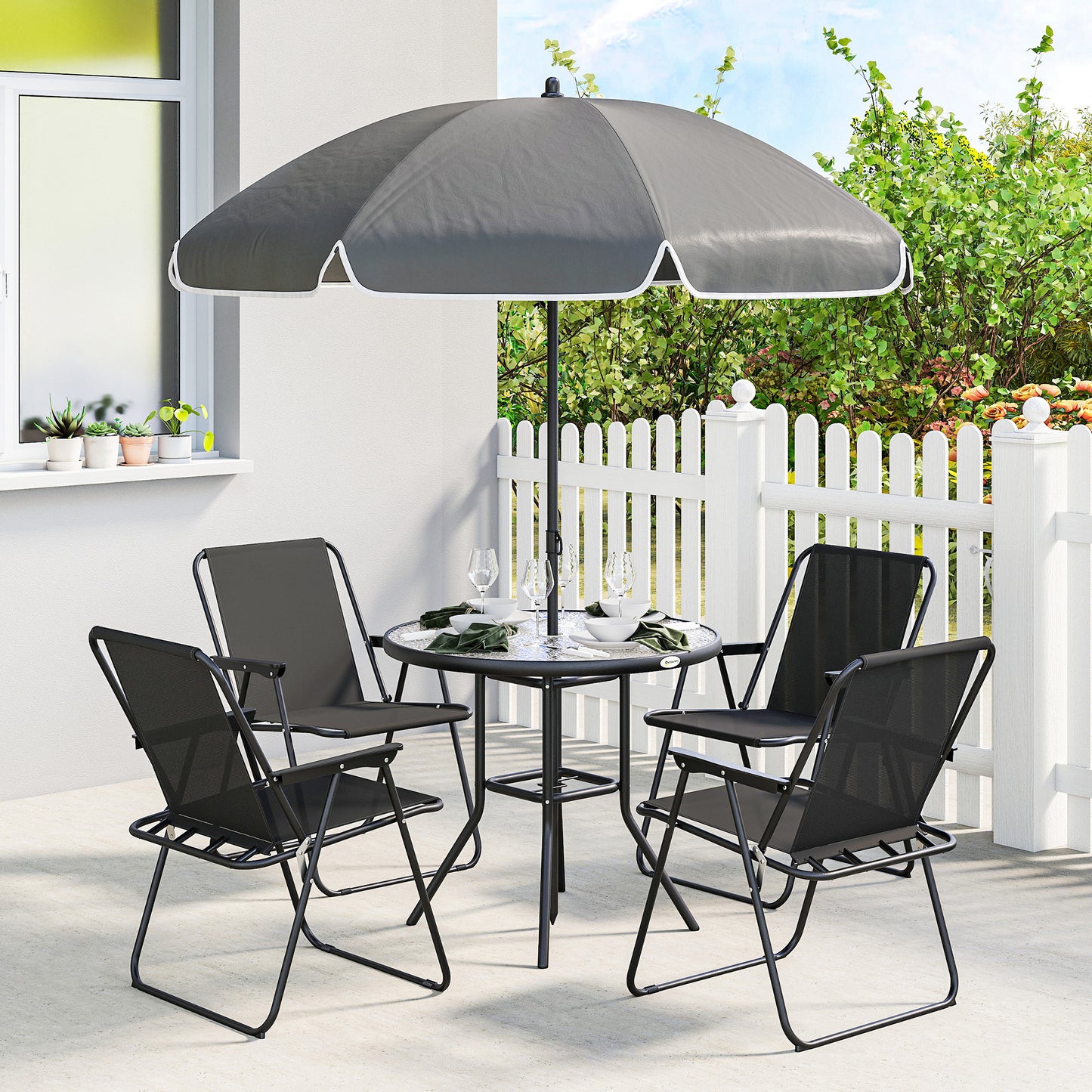 6 Pieces Garden Furniture Set with Parasol, Folding Chairs, Black