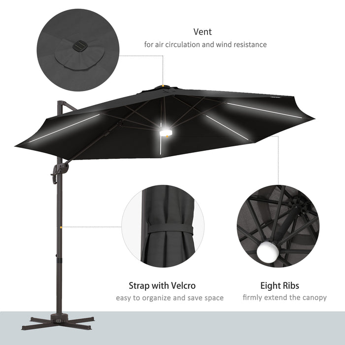 3(m) LED Cantilever Parasol Outdoor Sun Umbrella w/ Base Solar Lights Grey