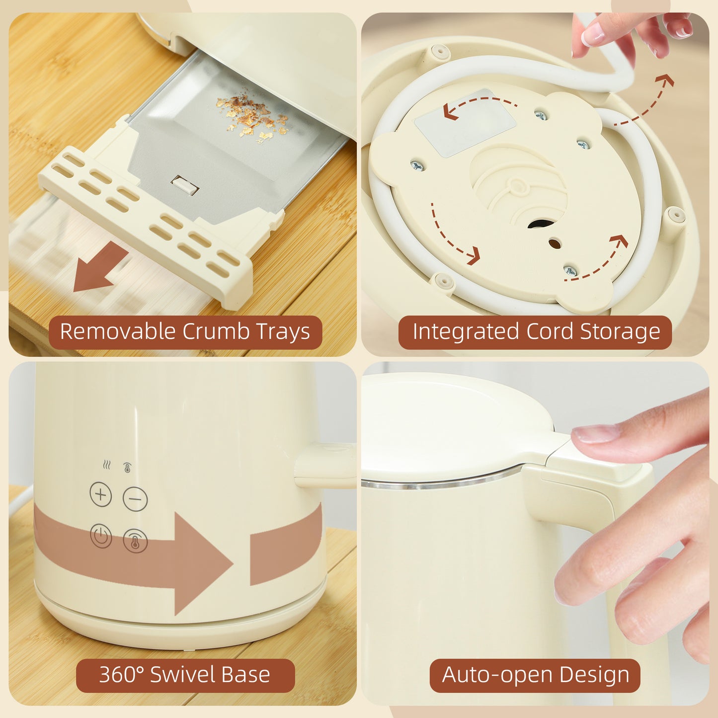 1.5L 3000W Fast Boil Electric Kettle and 2 Slice Toaster Set, Beige