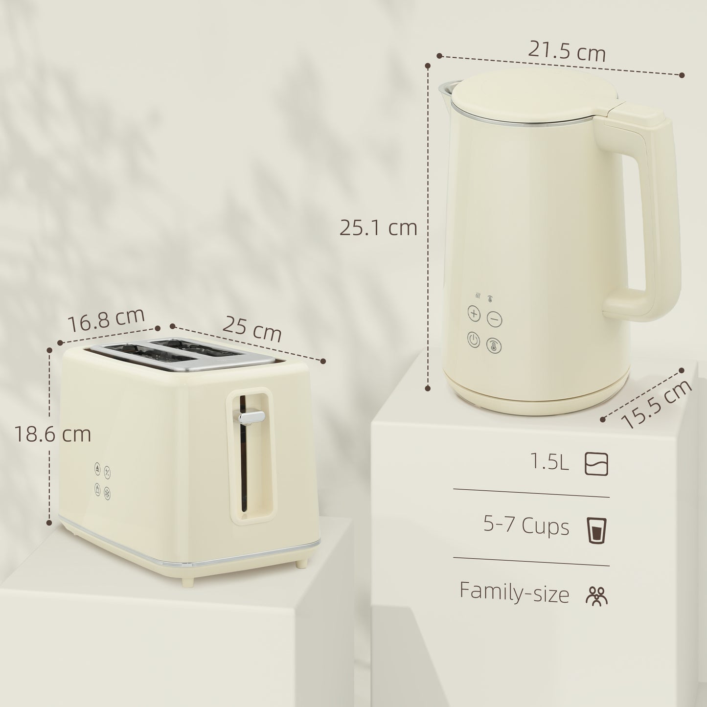 1.5L 3000W Fast Boil Electric Kettle and 2 Slice Toaster Set, Beige