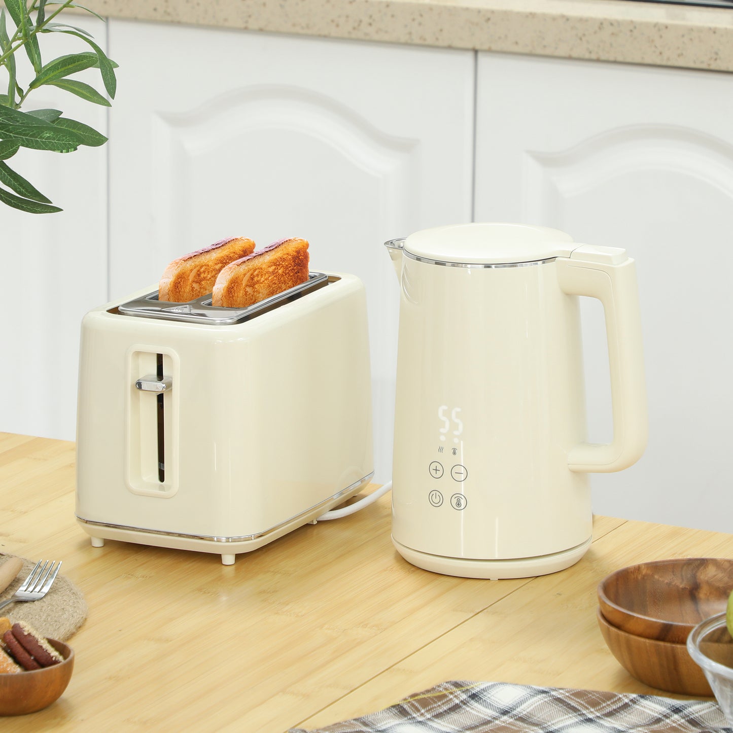 1.5L 3000W Fast Boil Electric Kettle and 2 Slice Toaster Set, Beige