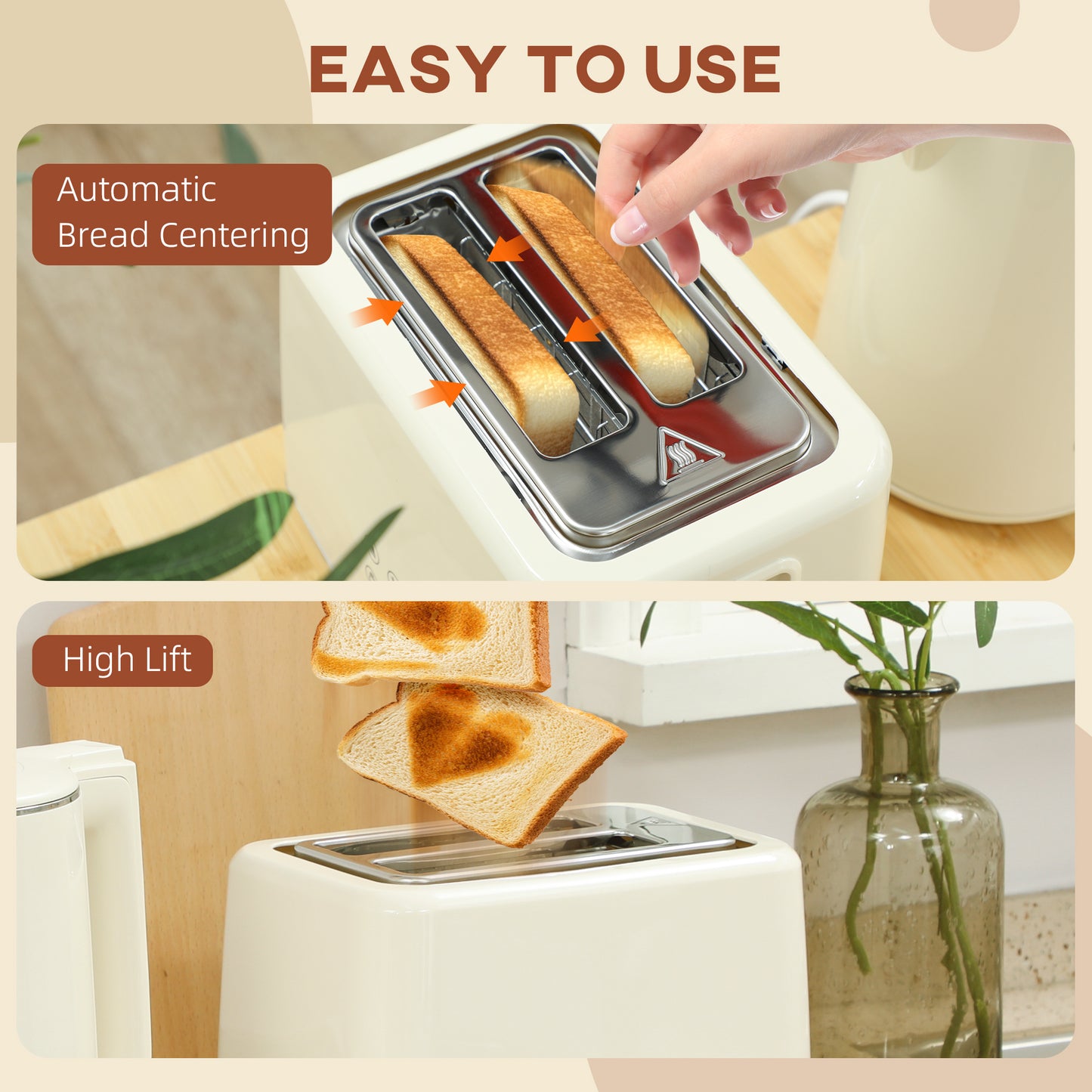 1.5L 3000W Fast Boil Electric Kettle and 2 Slice Toaster Set, Beige