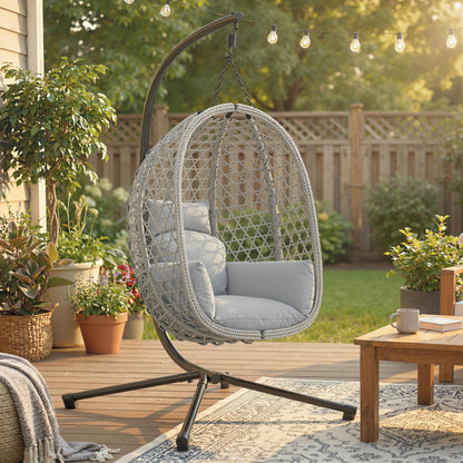Hanging Egg Chair, Rattan Swing Chair with Stand, Light Grey