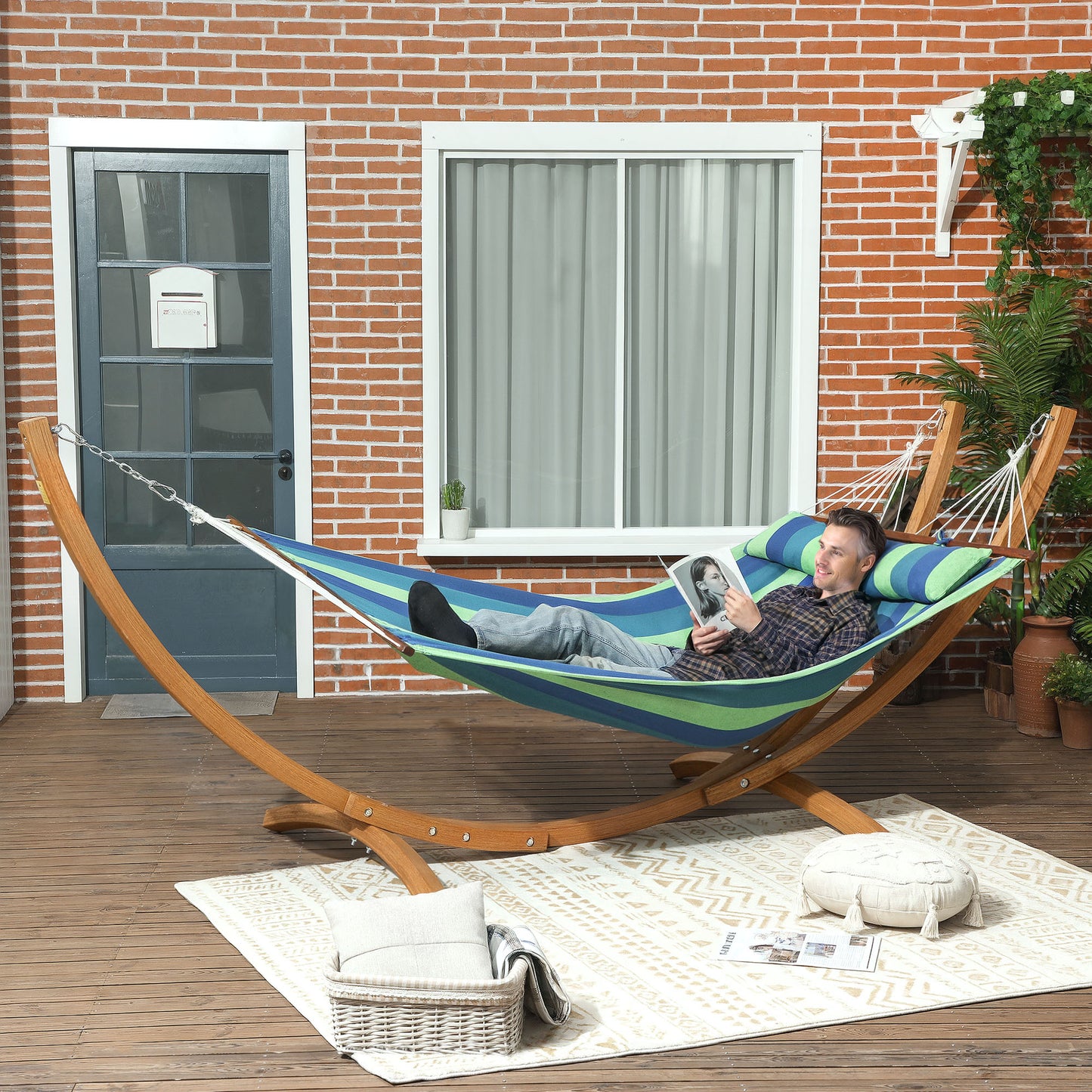 Hammock with Stand, Triple-Head Wood Hammock with Cotton Bed, Blue