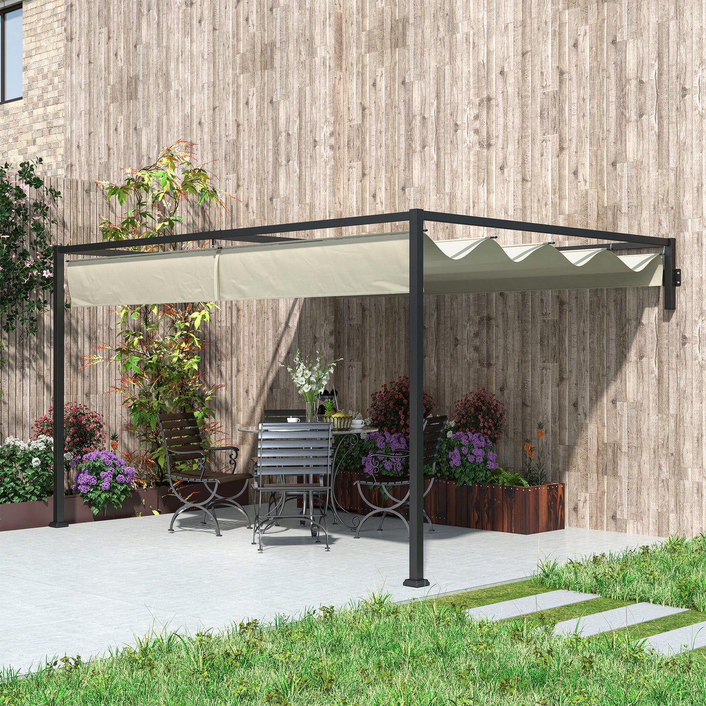 3 x 4m Wall Mounted Pergola with Retractable Roof, Khaki
