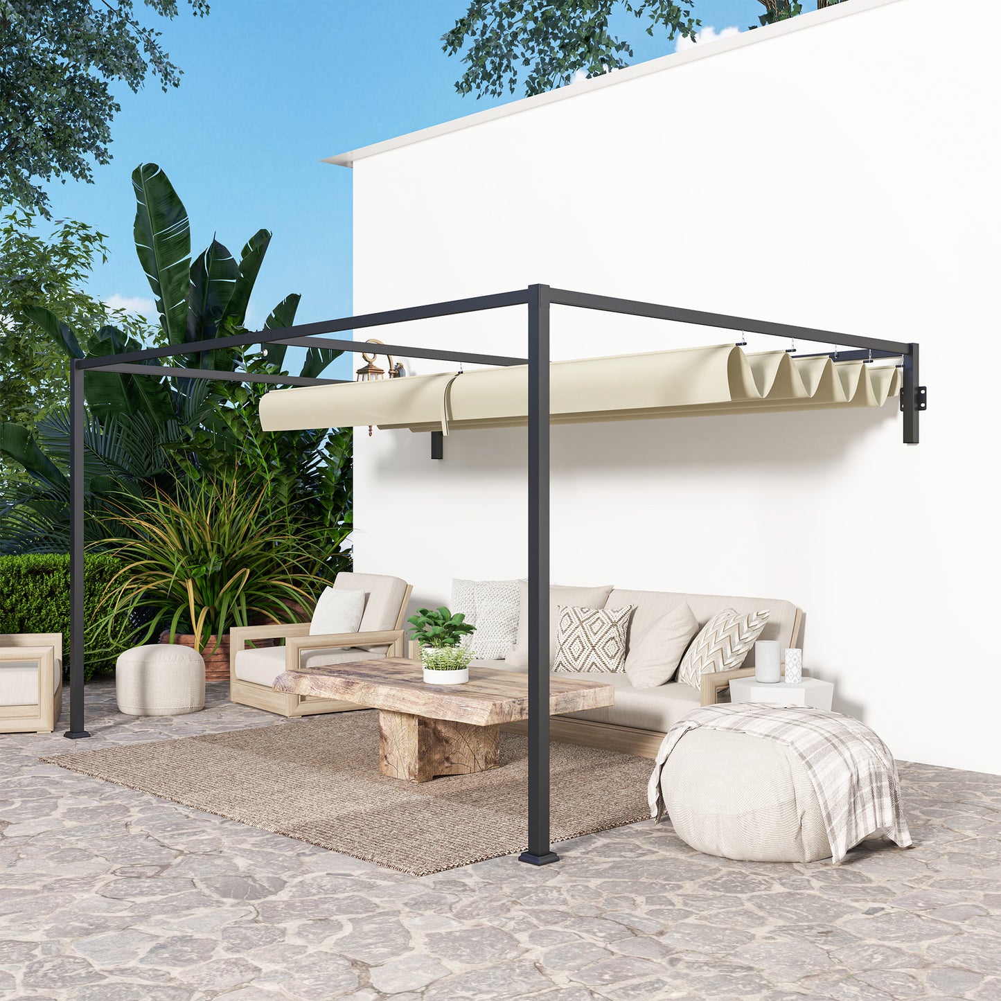 3 x 4m Wall Mounted Pergola with Retractable Roof, Khaki
