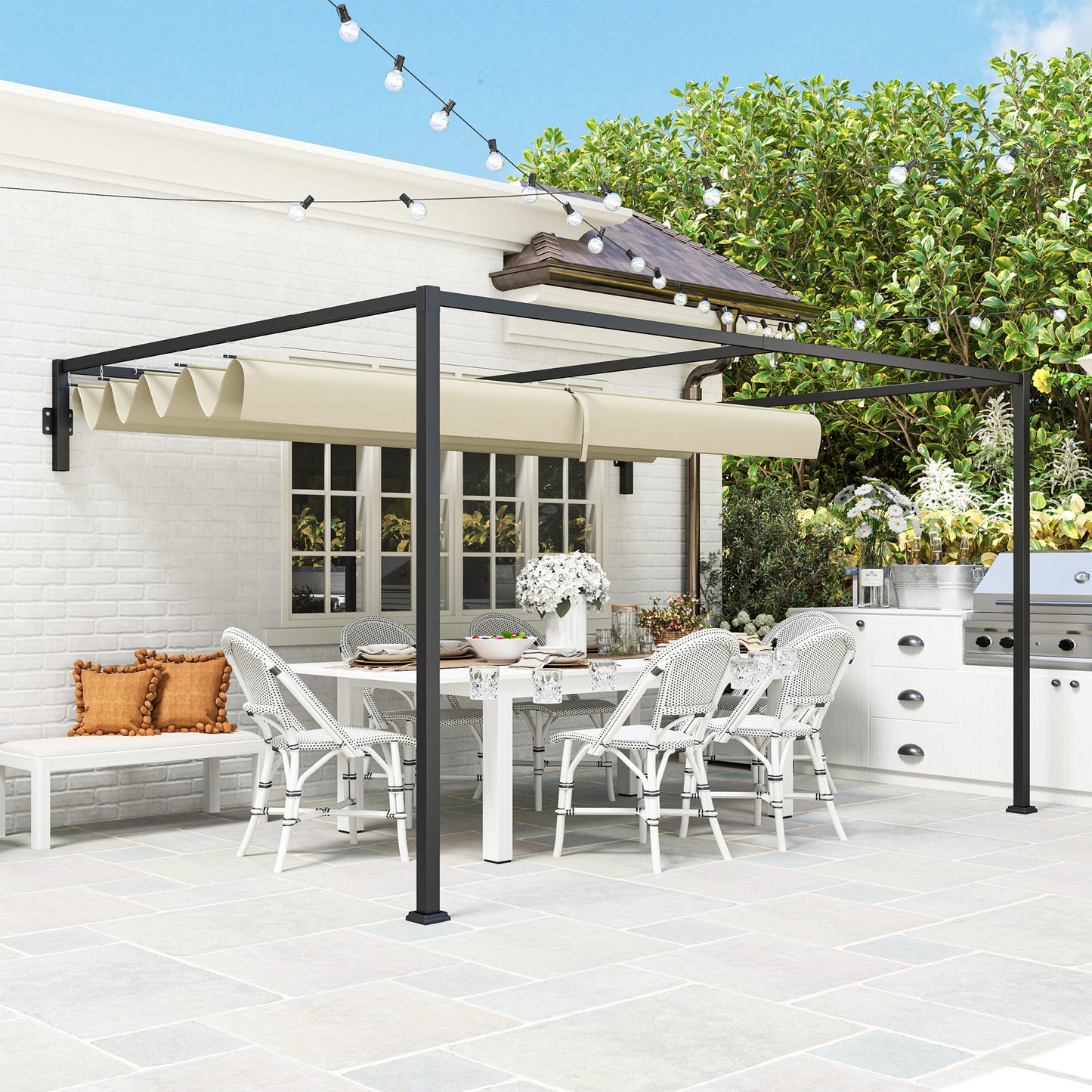 3 x 4m Wall Mounted Pergola with Retractable Roof, Khaki