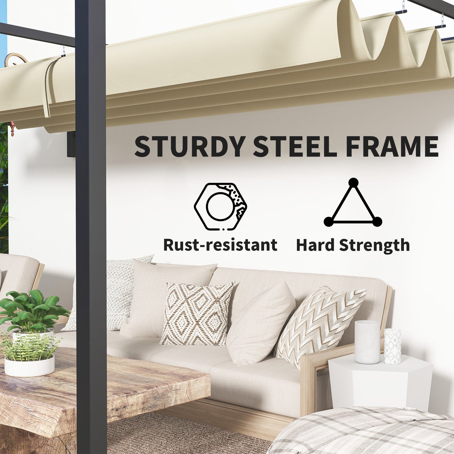 3 x 4m Wall Mounted Pergola with Retractable Roof, Khaki