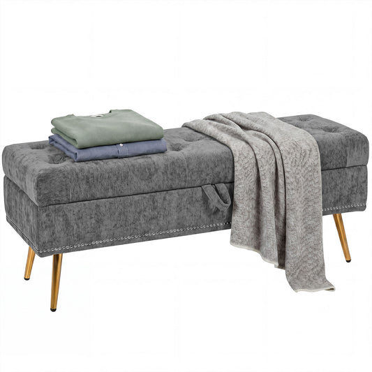 Storage Ottoman, Chenille Ottoman Storage Box, Grey