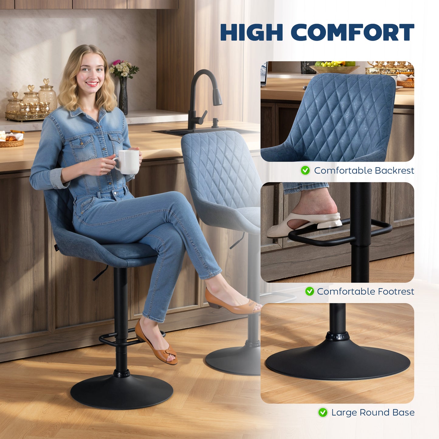 Bar Stools Set of 2, Adjustable Bar Chairs 360 Degree Swivel Blue