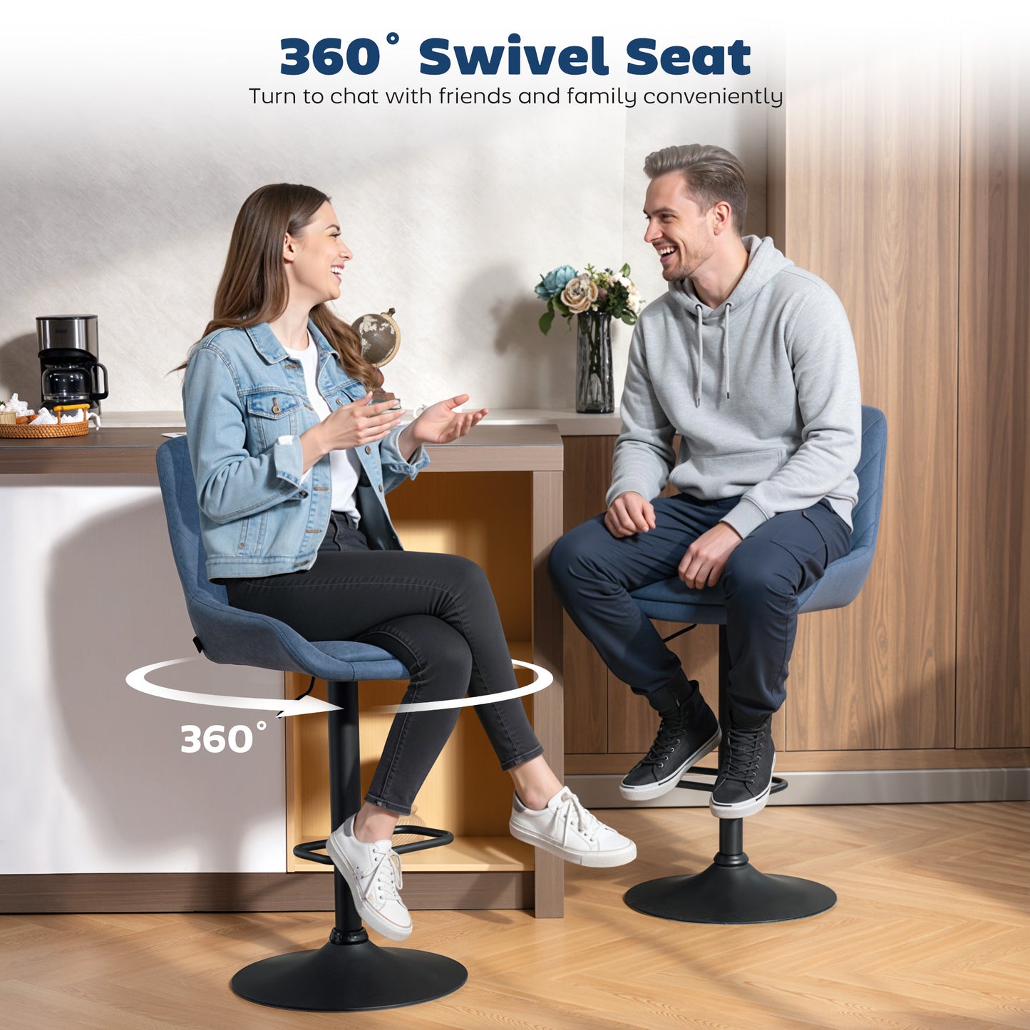 Bar Stools Set of 2, Adjustable Bar Chairs 360 Degree Swivel Blue