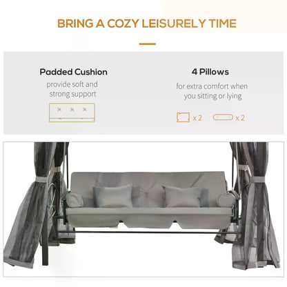 3 Seater Swing Chair Hammock Gazebo Patio Bench Outdoor with Double Tier Canopy, Cushioned Seat, Mesh Sidewalls, Grey