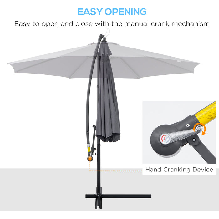 3(m) Garden Banana Parasol Cantilever Umbrella with Crank Handle and Cross Base, 8 Ribs for Outdoor, Hanging Sun Shade, Grey