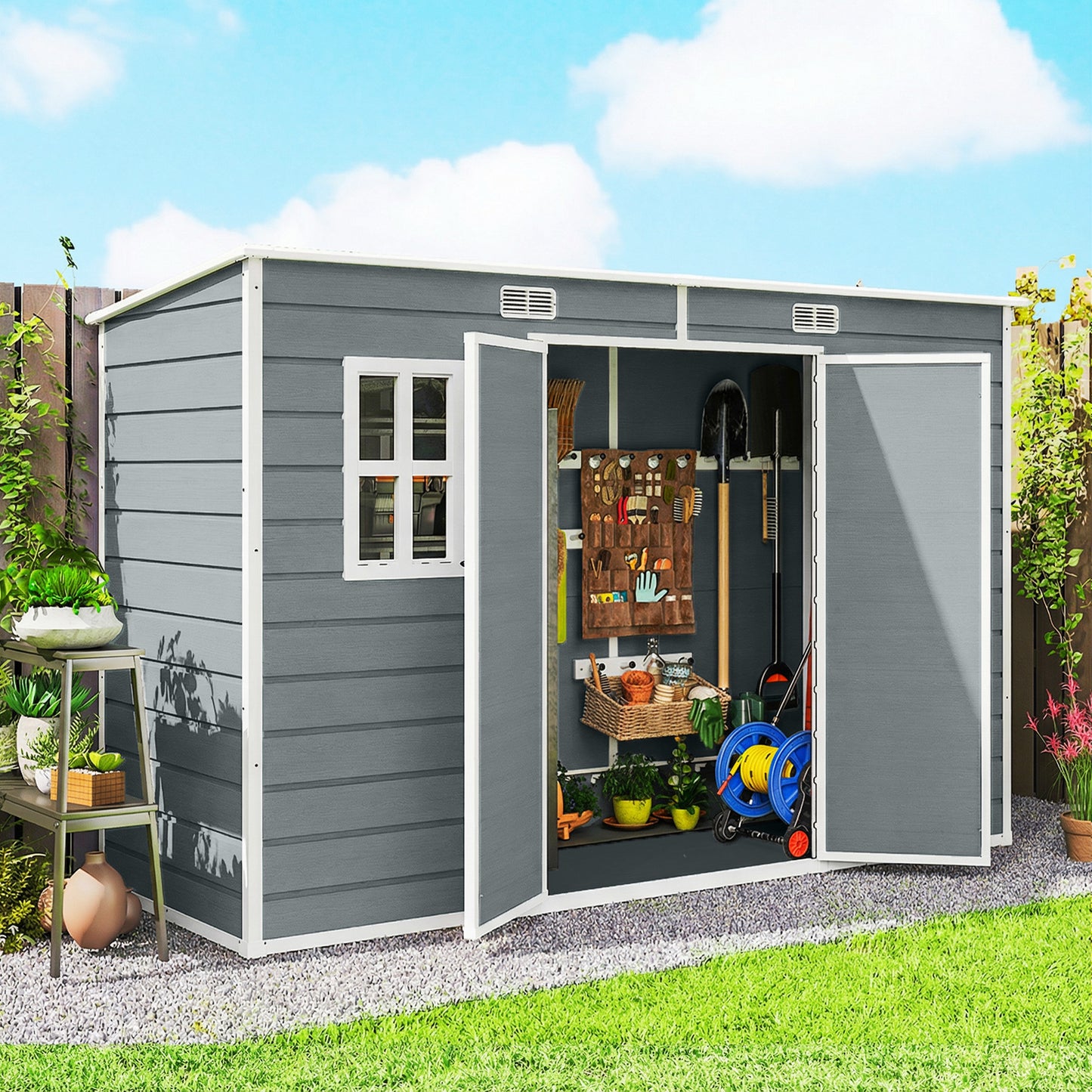 10 x 4 ft Plastic Garden Shed with Floor, Lockable Doors, Grey