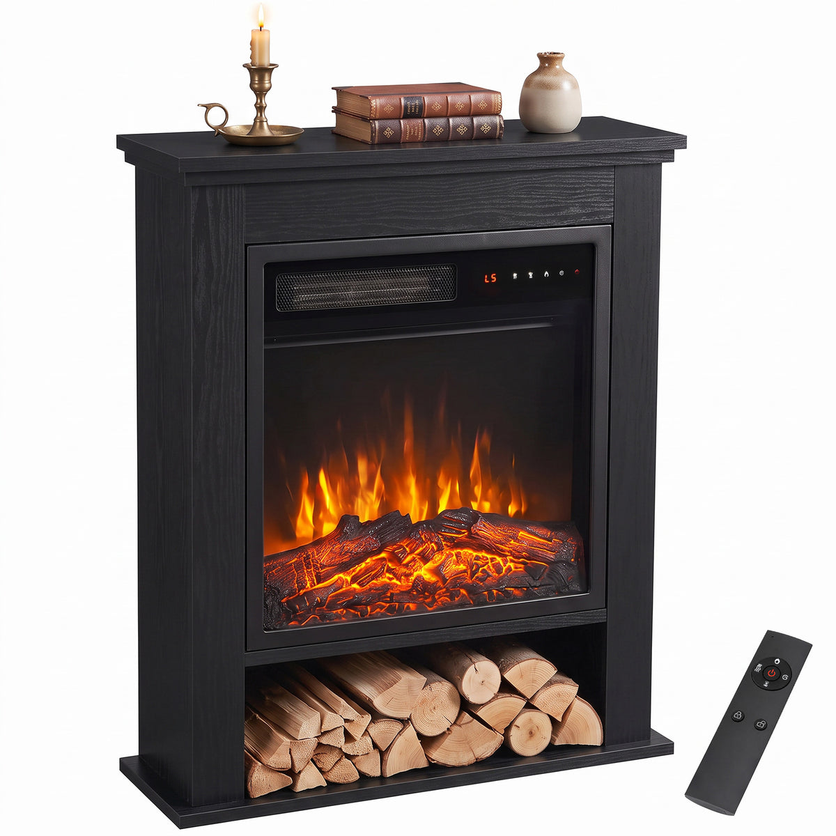 1800W Freestanding Electric Fireplace Suite with Log Shelf and Remote - Black