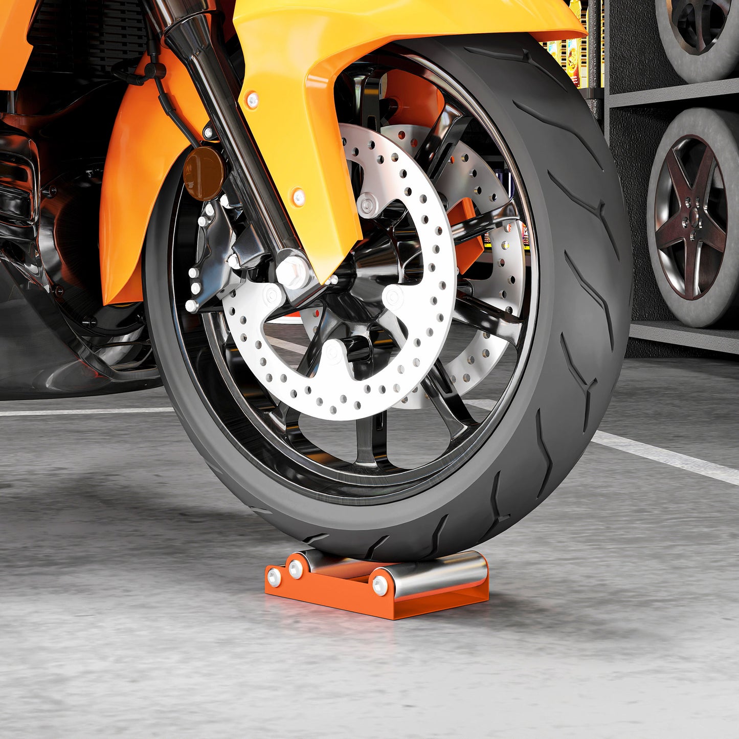Motorcycle Wheel Roller Stand for Tyre Cleaning and Chain Lubrication