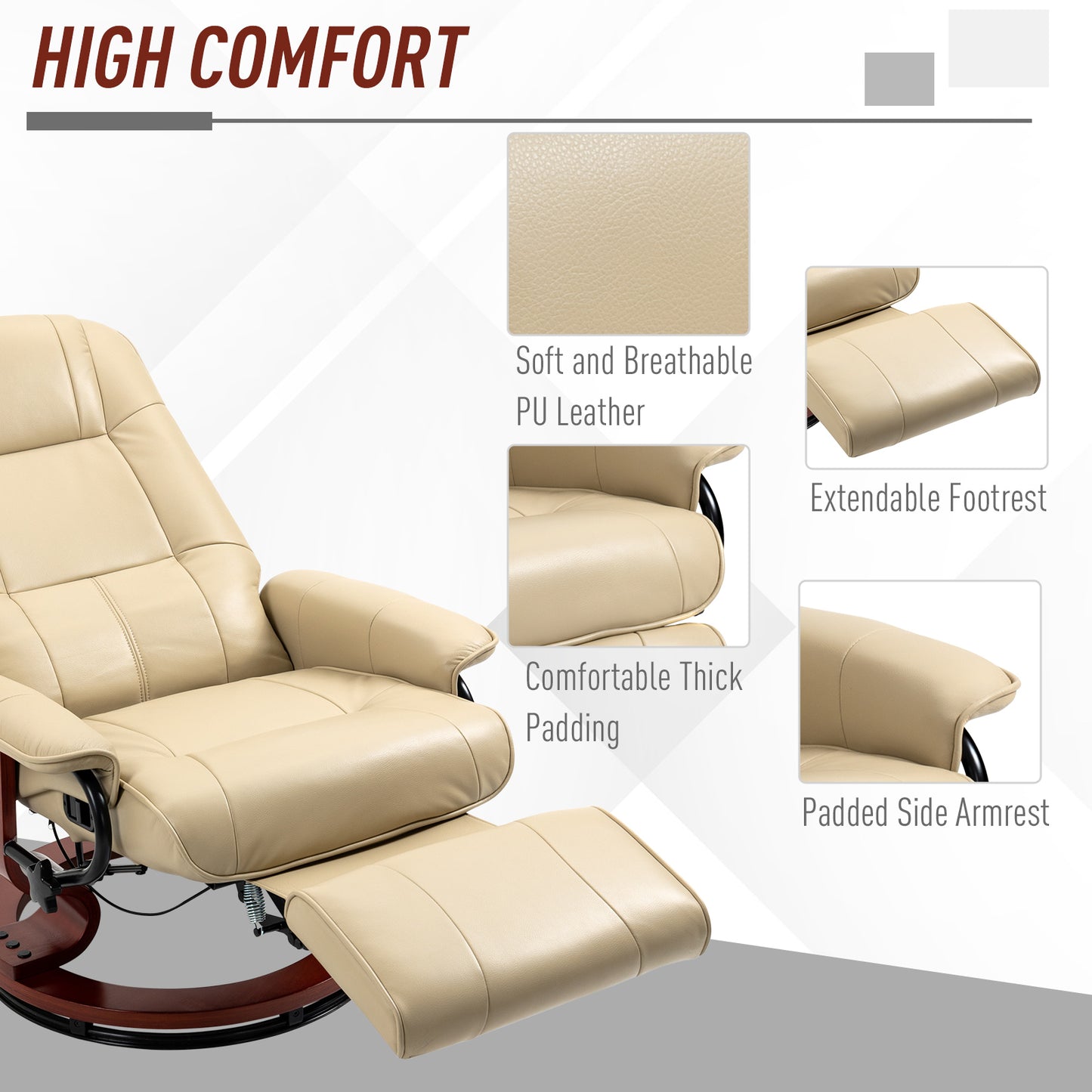 Ergonomic Office Recliner Sofa Chair PU Leather Armchair Lounger Cream