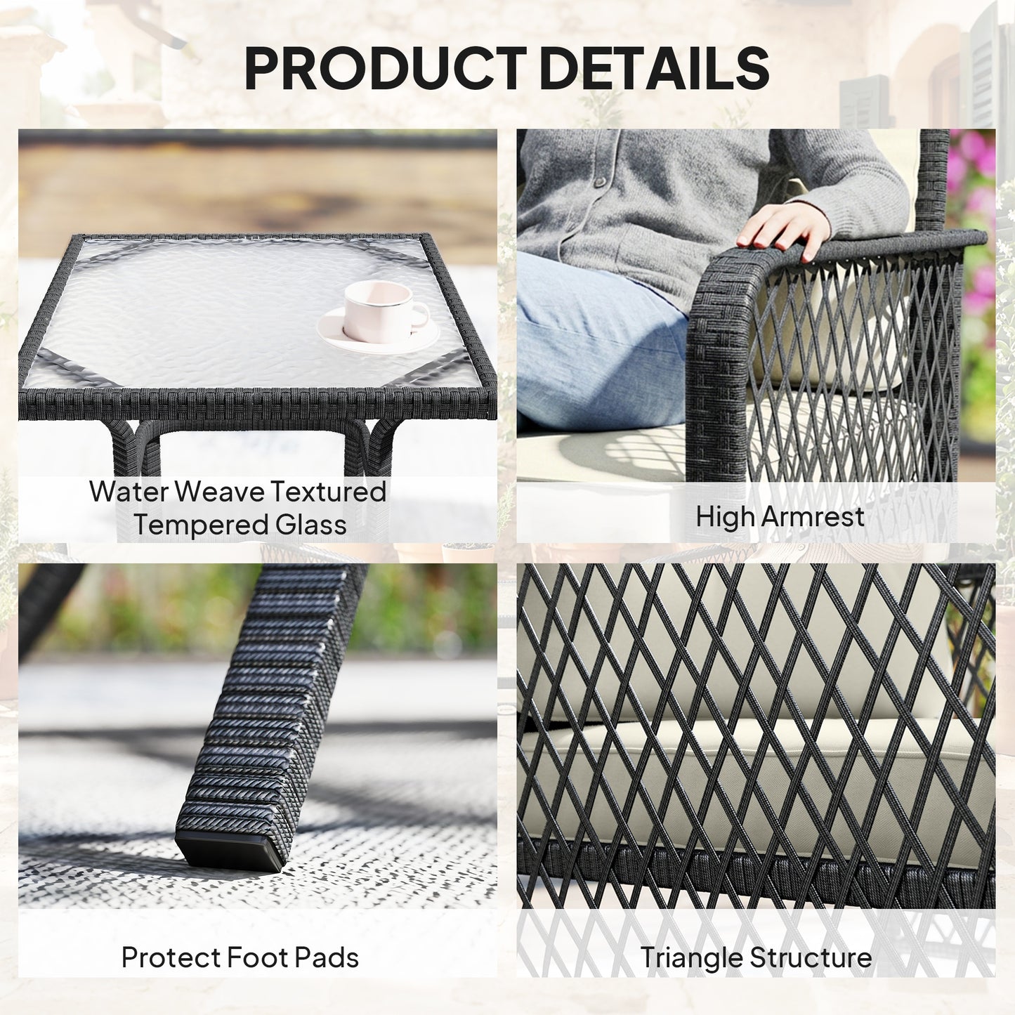 3 Pieces Rattan Bistro Set with Tempered Glass Table Cream