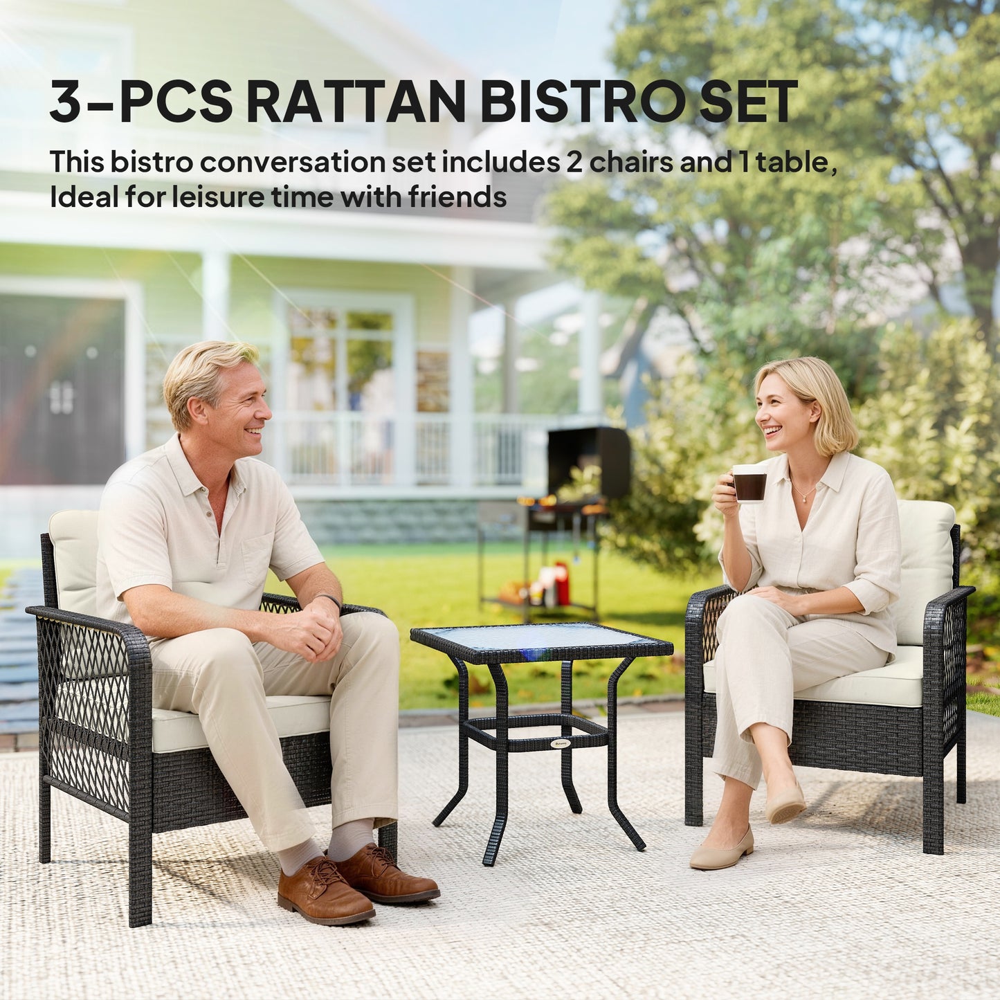 3 Pieces Rattan Bistro Set with Tempered Glass Table Cream