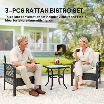 3 Pieces Rattan Bistro Set with Tempered Glass Table Cream