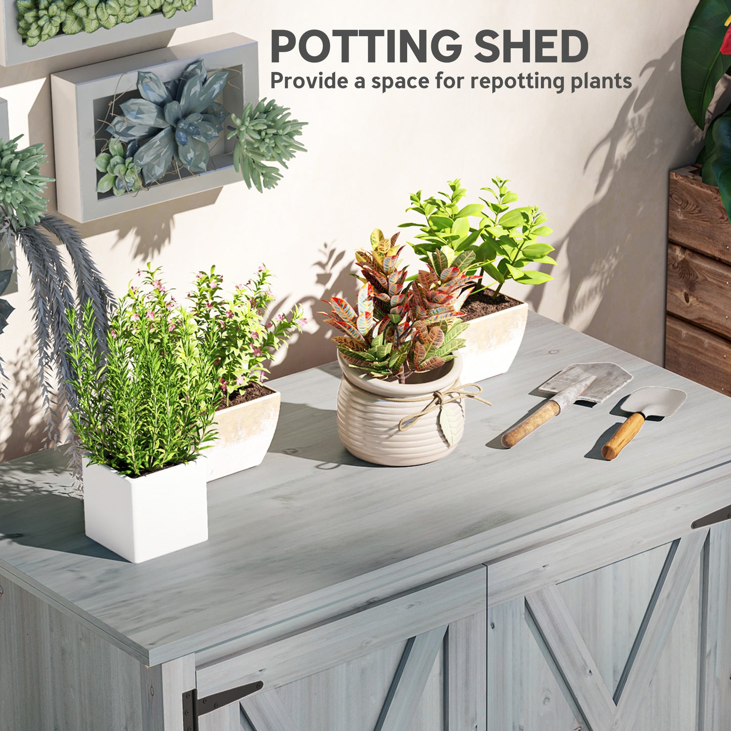 Wooden Garden Shed Tool Cabinet 110 x 60 x 88.5 cm, Light Grey