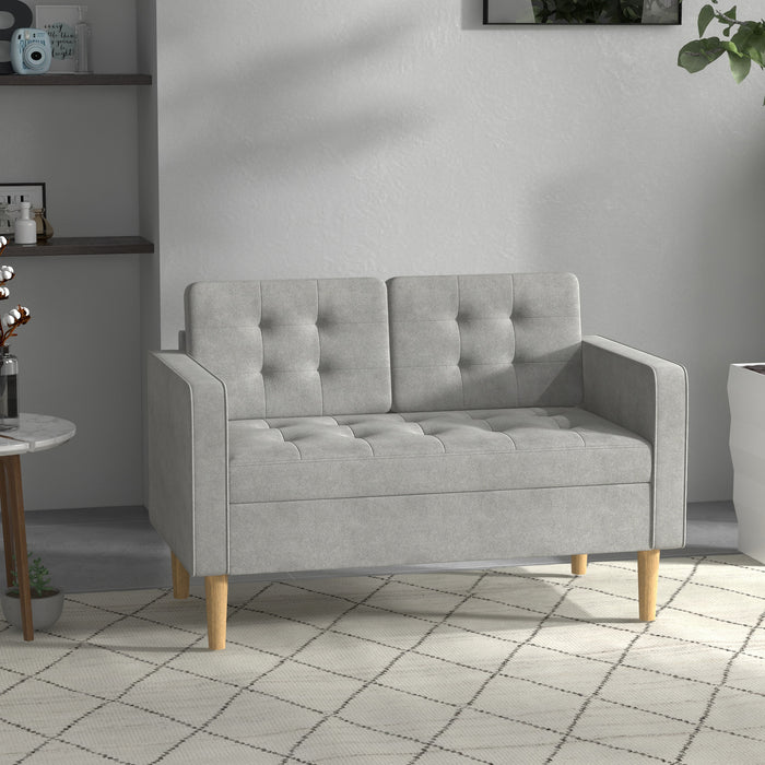 Modern 2 Seater Sofa with Hidden Storage, 117cm Tufted Cotton Couch, Compact Loveseat Sofa with Wood Legs, Grey