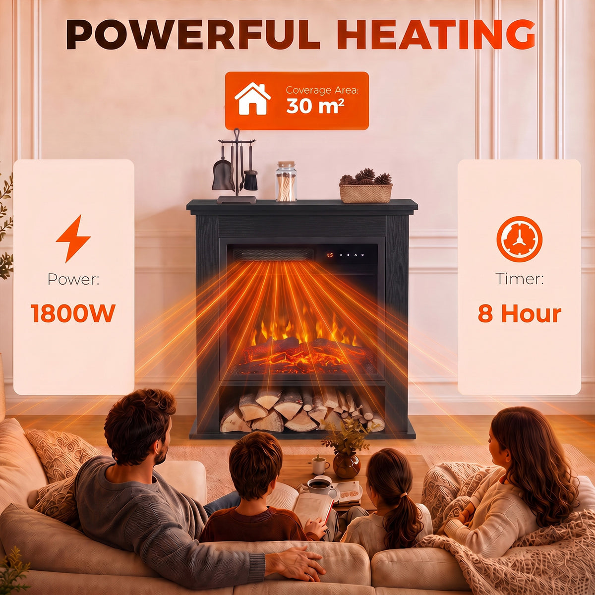 1800W Freestanding Electric Fireplace Suite with Log Shelf and Remote - Black