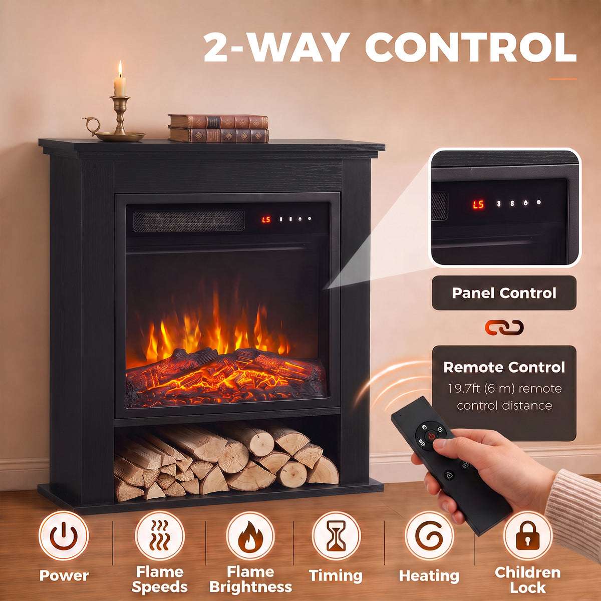 1800W Freestanding Electric Fireplace Suite with Log Shelf and Remote - Black