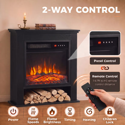 1800W Freestanding Electric Fireplace Suite with Log Shelf and Remote - Black