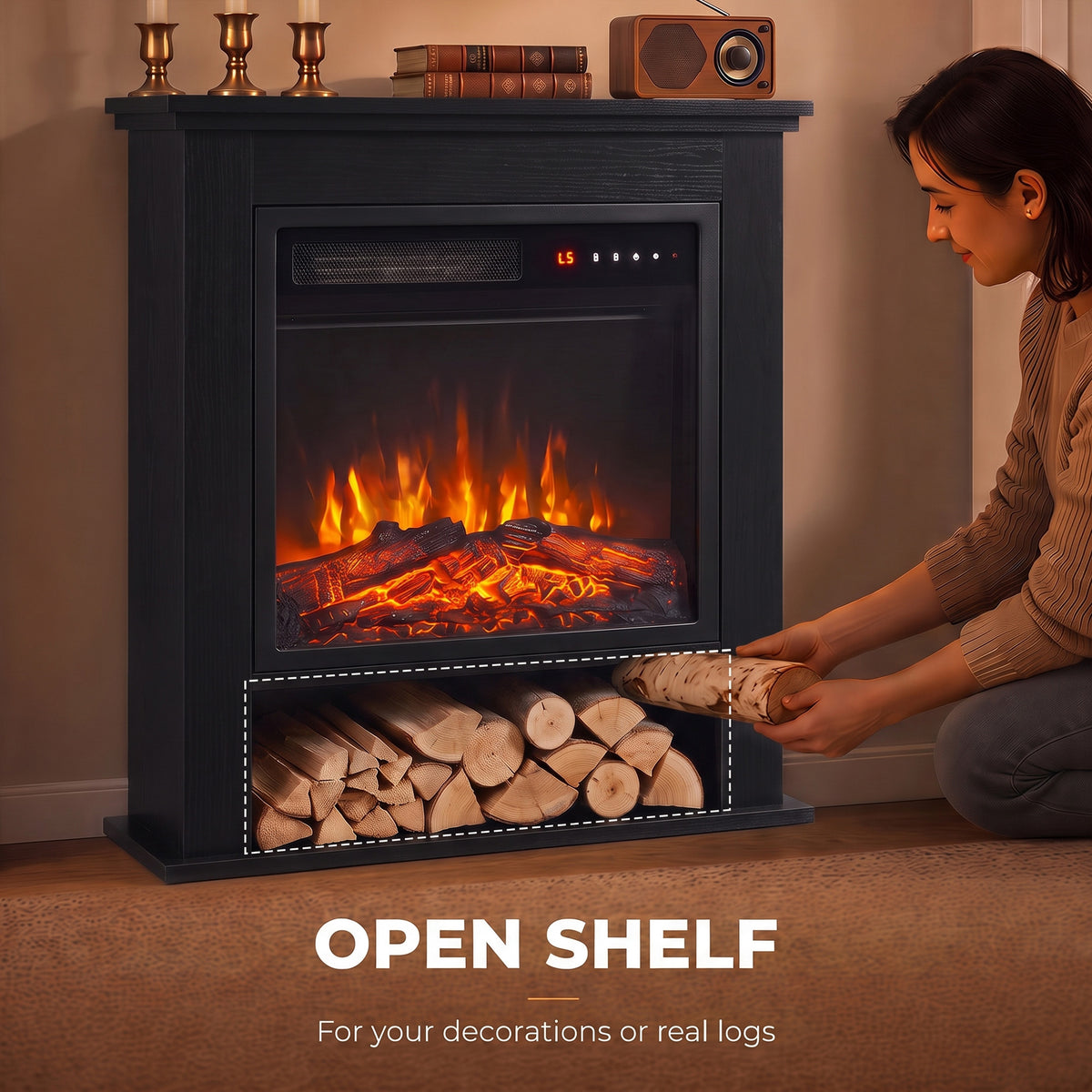 1800W Freestanding Electric Fireplace Suite with Log Shelf and Remote - Black