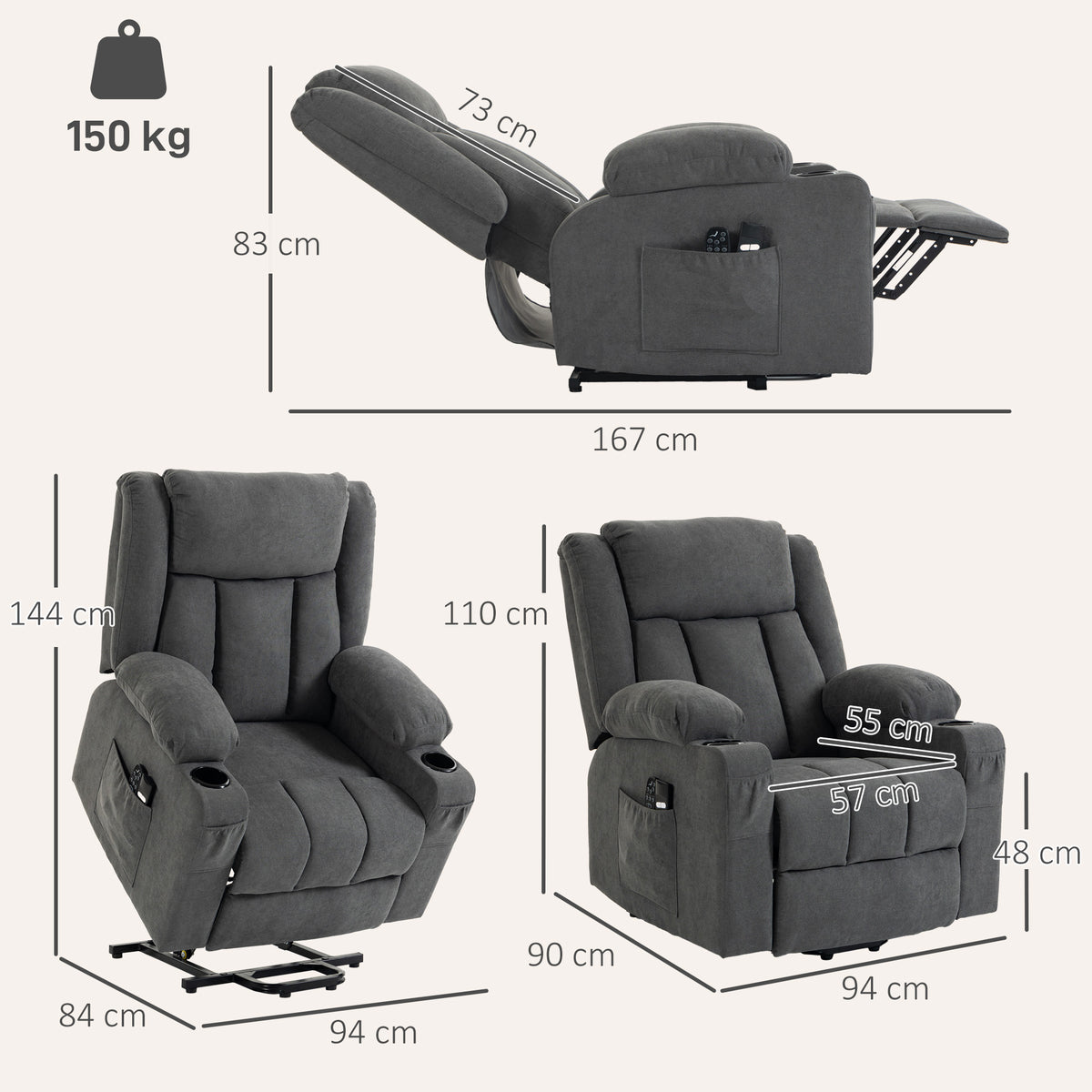 Dual Motor Recliner Chair Power Lift Chair w/ Massage Heat, Dark Grey
