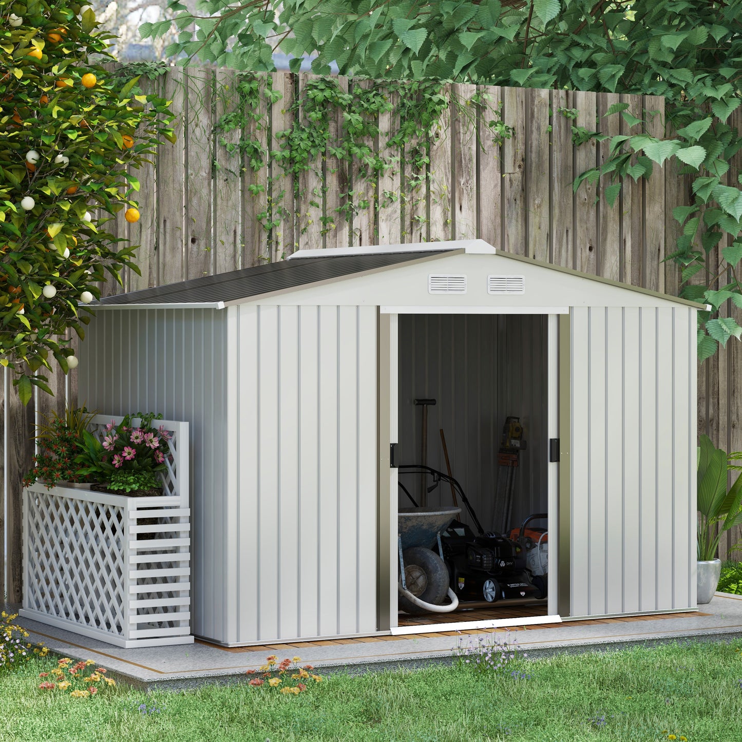 9 x 6FT Galvanised Garden Storage Shed with Sliding Door, Silver
