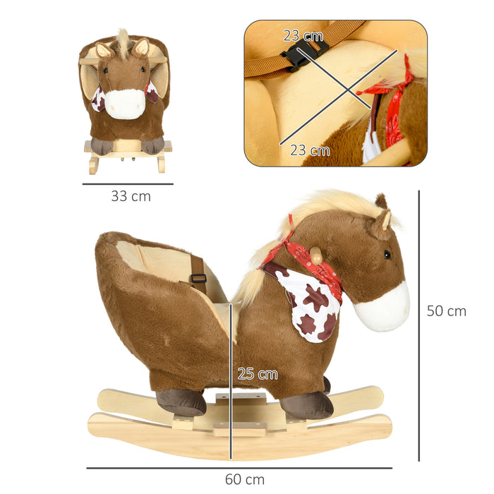 Kids Rocking Horse, Plush Baby Rocking Chair with Safety Harness, Realistic Sound, Foot Pedals, for Toddler Aged 18-36 Months, Brown